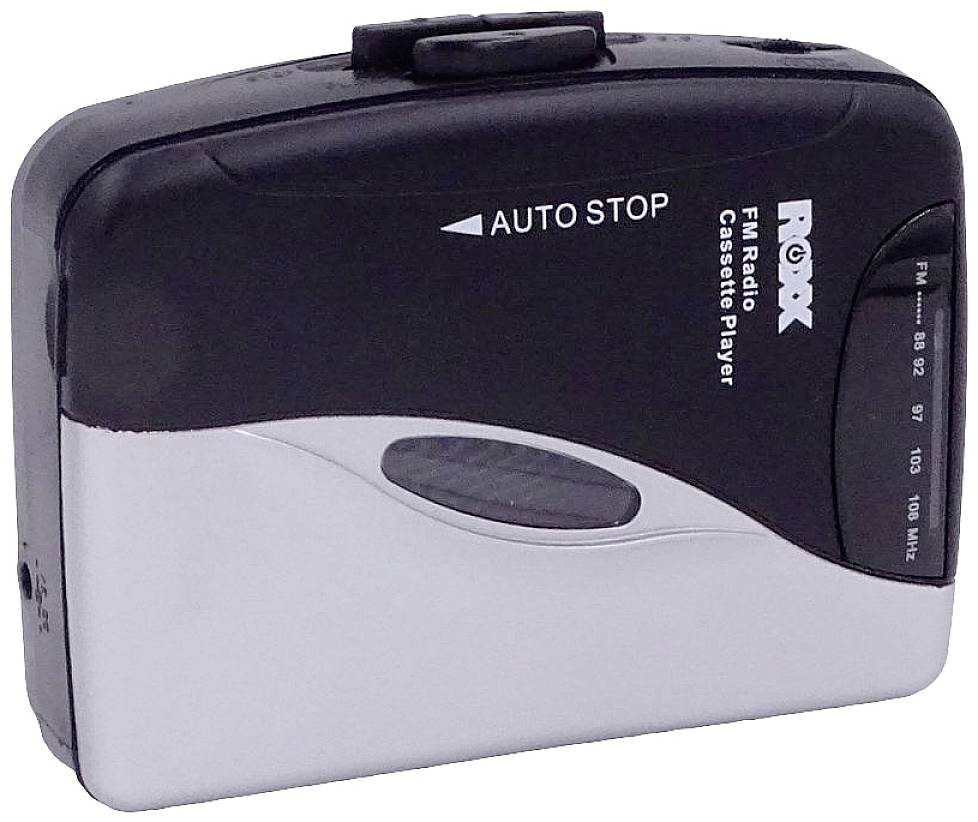 Rádio a kazetový přehrávač v černé a stříbrné barvě s funkcí automatického zastavení a FM rádiovým tunerem.