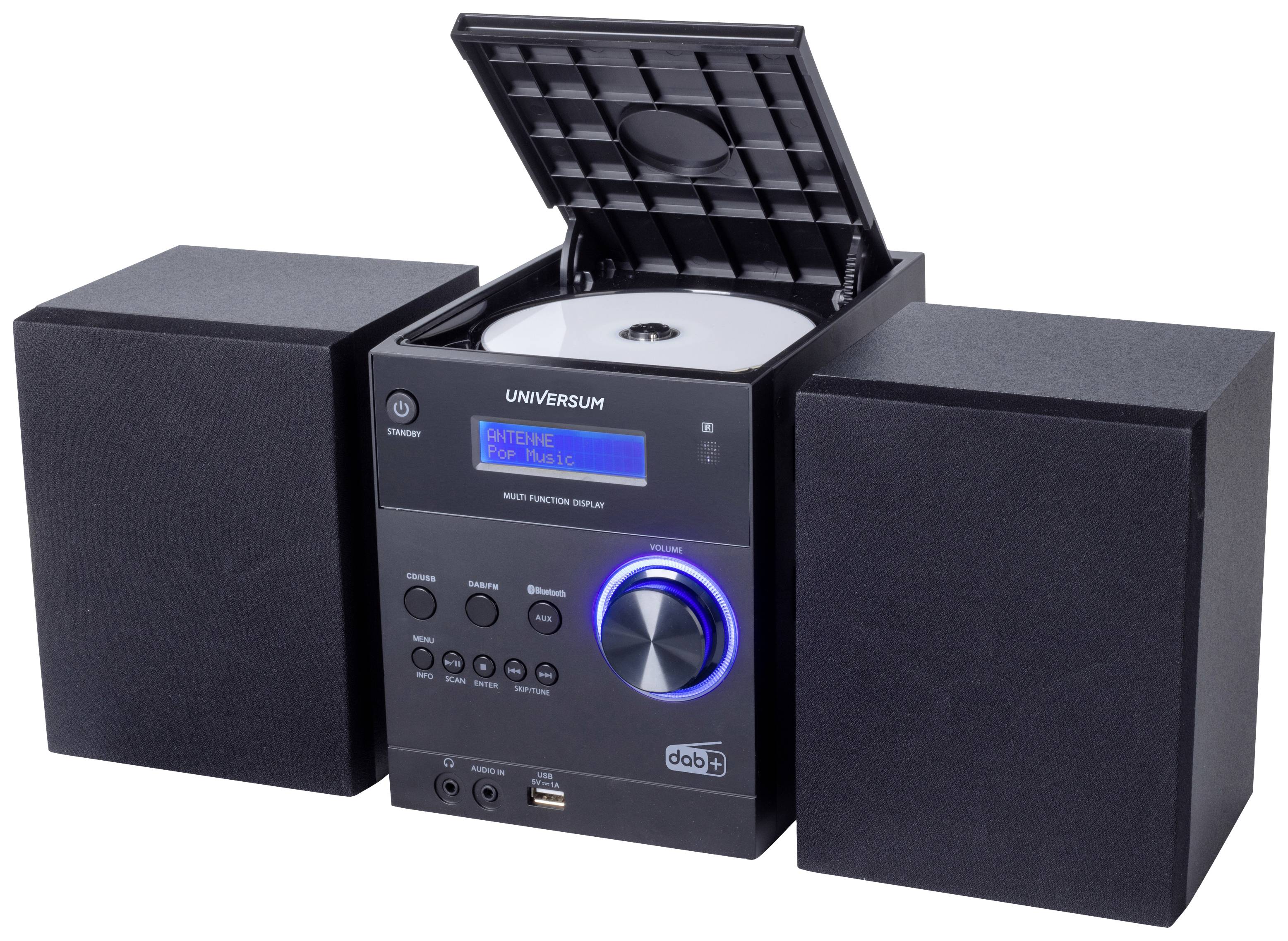 Kompaktní hudební systém se dvěma reproduktory, CD přehrávačem a digitálním displejem. Na obrazovce zobrazuje 'Retire Music'.