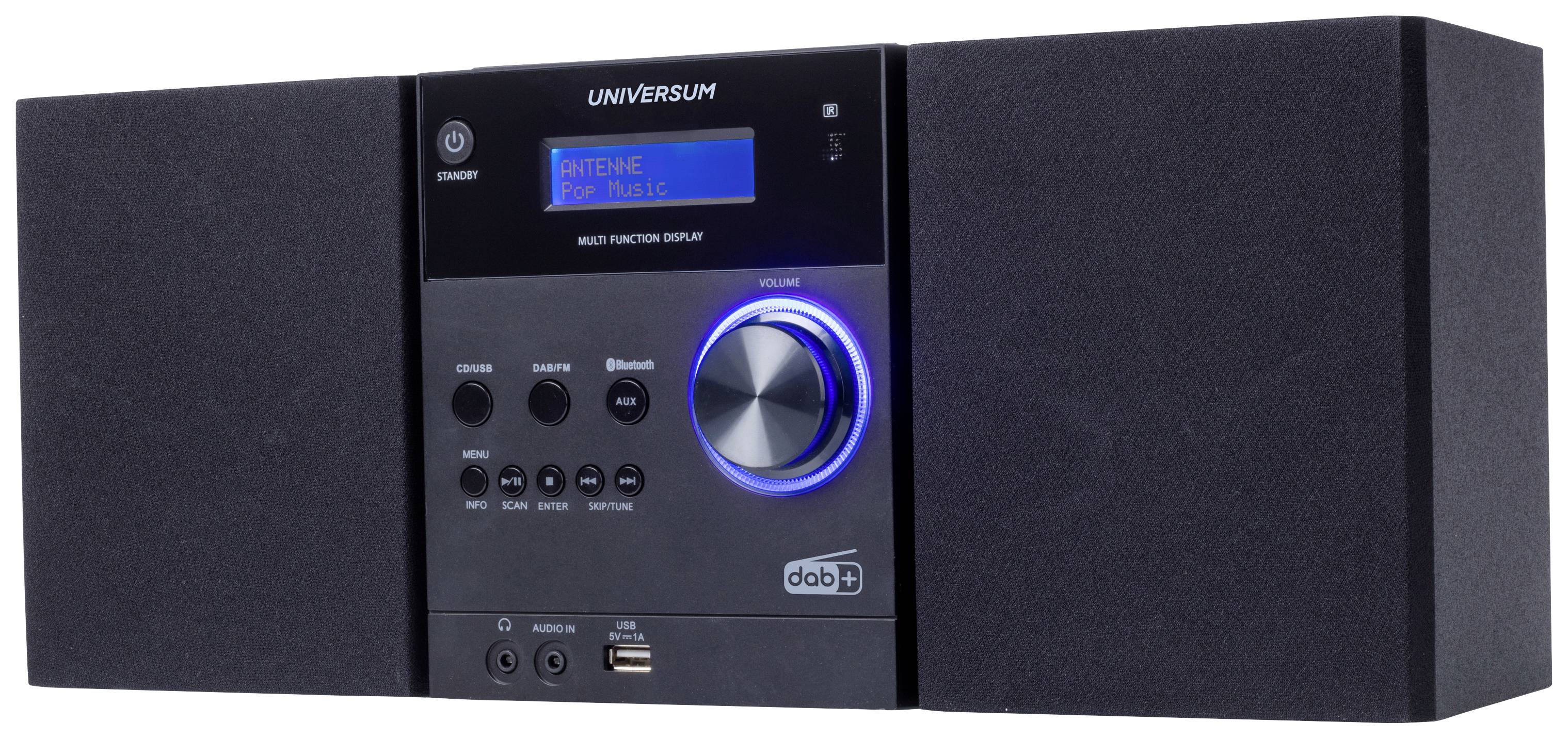 Černá Hi-Fi sestava s digitálním displejem, na kterém je zobrazeno 'Antenne' a 'Pop Music'. Nabízí rádio, bluetooth a USB připojení.