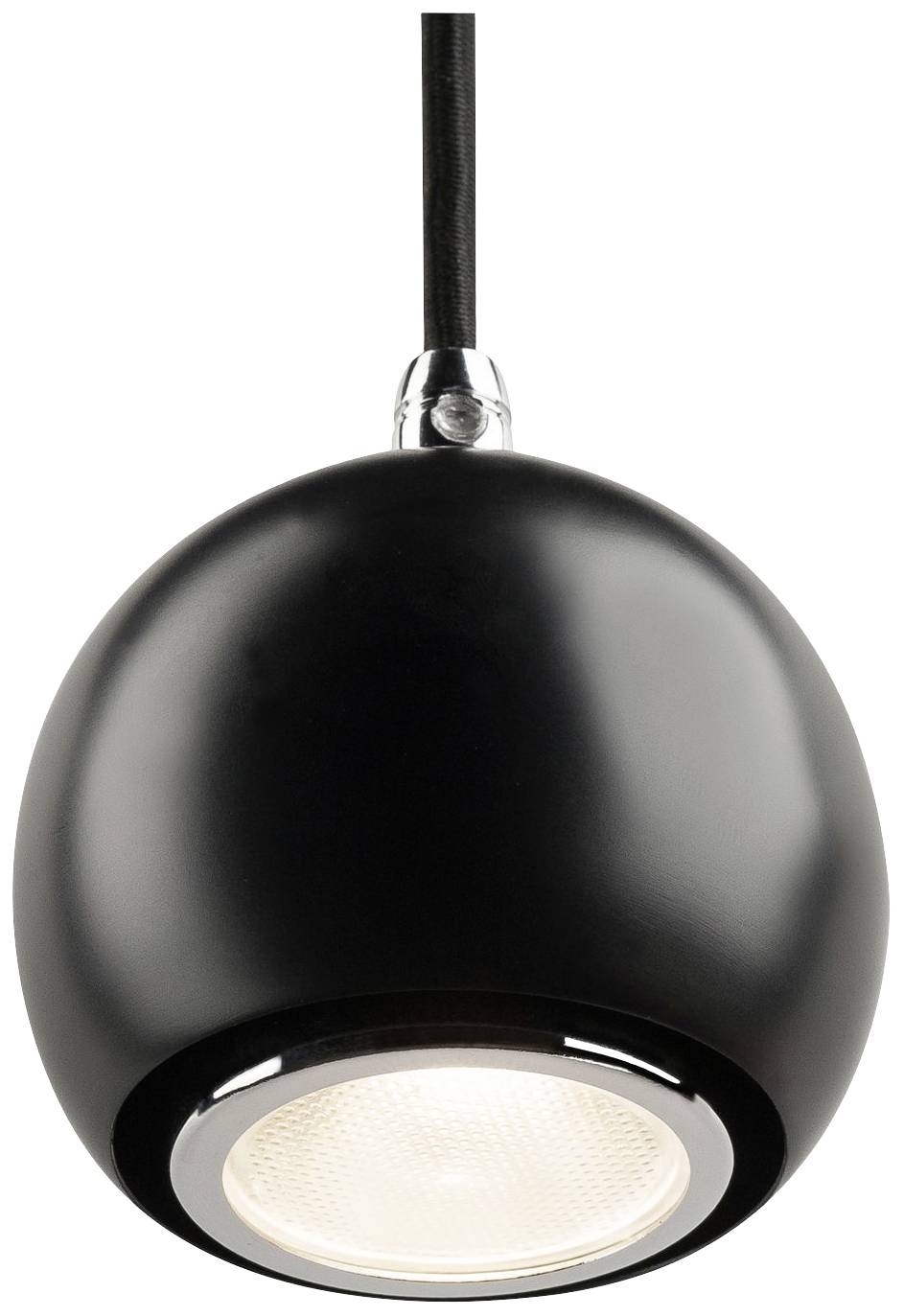 Černé závěsné svítidlo kulovitého tvaru s kovovým povrchem, svítící LED světlo a černý kabel; moderní, minimalistický design.