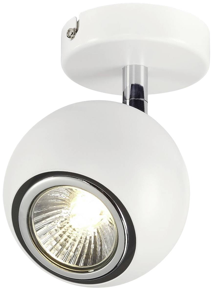 Bílé, kulaté stropní svítidlo s chromovaným detailem. Lampa vyzařuje jasné světlo a je upevněna na stříbrném držáku.