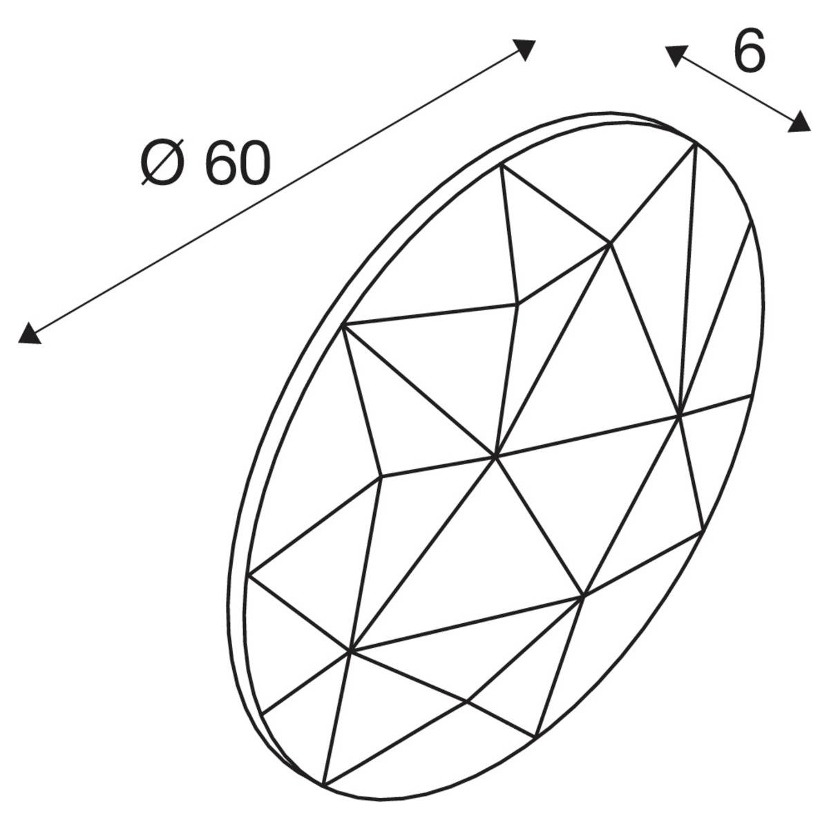 Technický výkres kulatého geometrickéhotvaru o průměru 60 a výšce 6, složeného z trojúhelníkových faset.