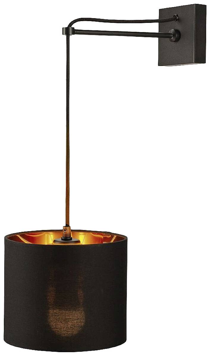 Černá nástěnná lampa s válcovým stínidlem a viditelnou žárovkou, zářící zevnitř, umístěná na otočném rameni.
