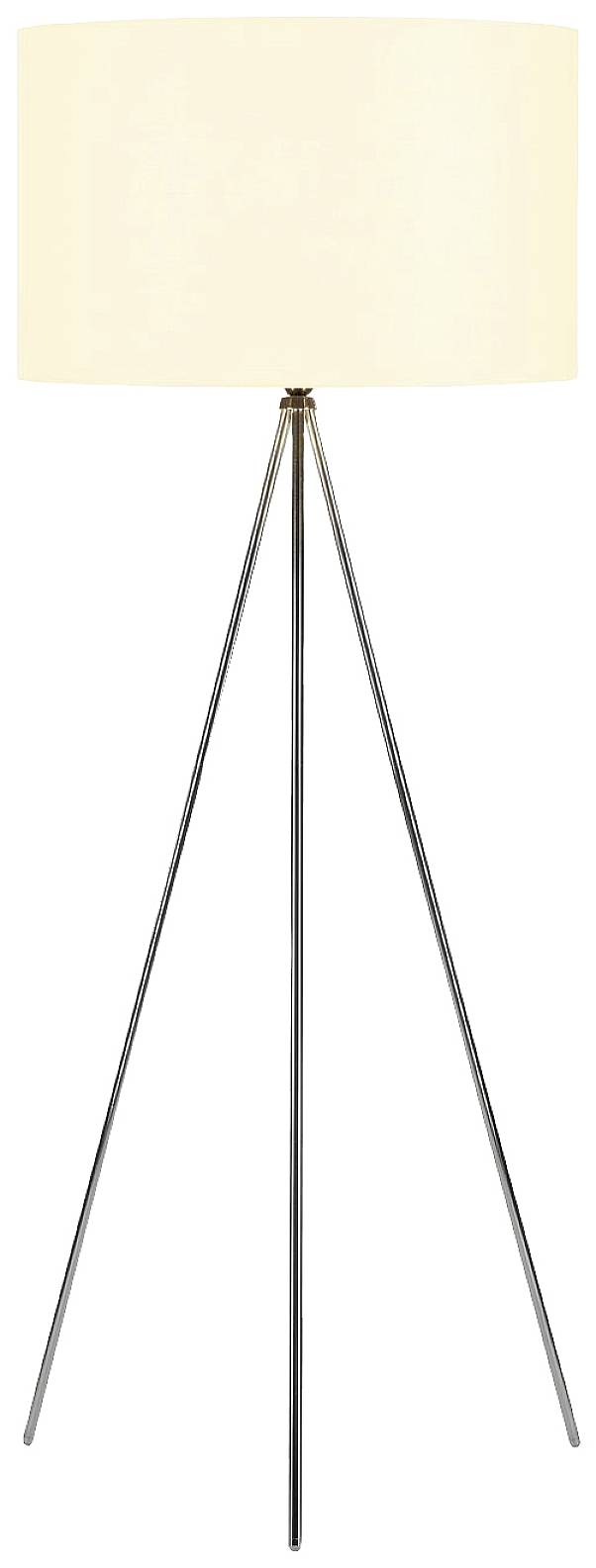 Stojací lampa s trojnožkou z kovu a bílým válcovitým stínidlem.
