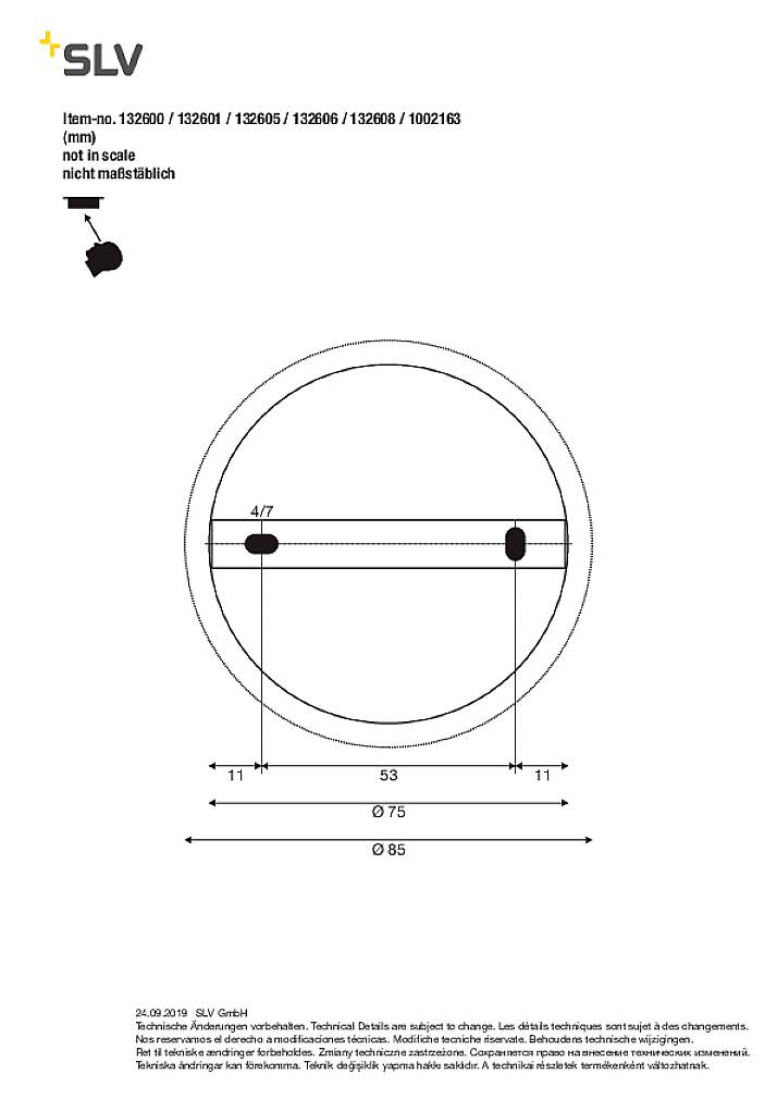 Schematický nákres kulatého svítidla. Rozměry: průměr 85 mm, otvor 75 mm. Není v měřítku. Nahoře: logo výrobce.