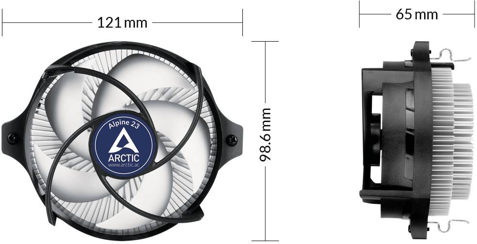 Vzduchový chladič 'ARCTIC Alpine 12' z pohledu shora s rozměry 121 mm šířky a 98,6 mm výšky; boční pohled ukazuje výšku 65 mm.