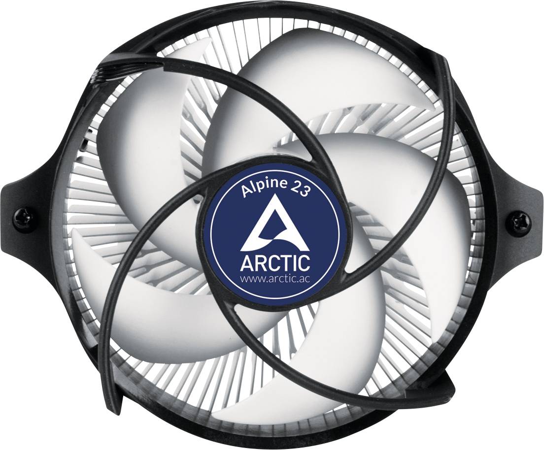 Kulatý CPU chladič 'Arctic Alpine 23' s pěti bílými lopatkami rotoru, obklopený černým ochranným krytem.