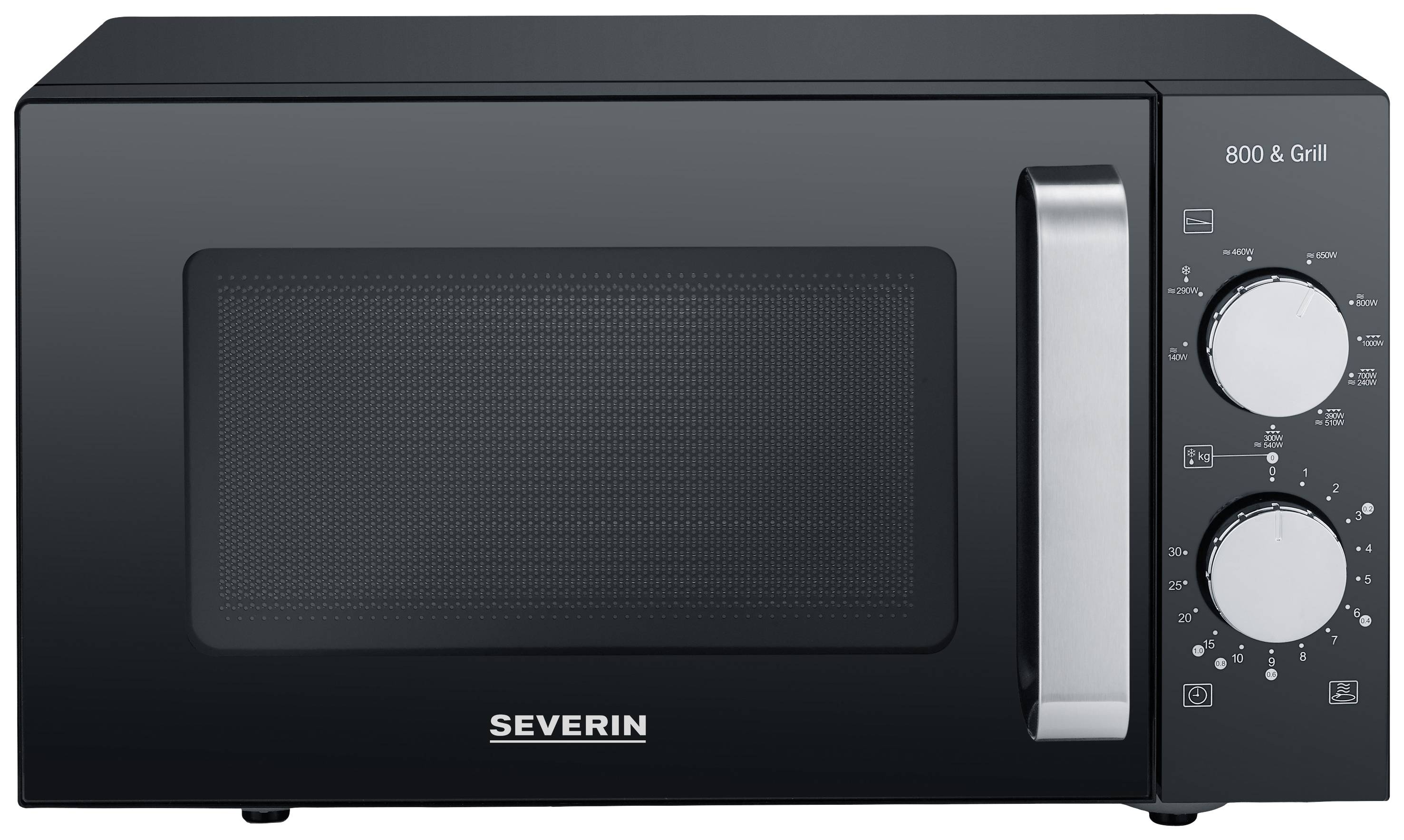 Černá mikrovlnná trouba značky 'SEVERIN' s otočnými ovladači výkonu a času nabízí grilování a mikrovlnné funkce až do 800 W.