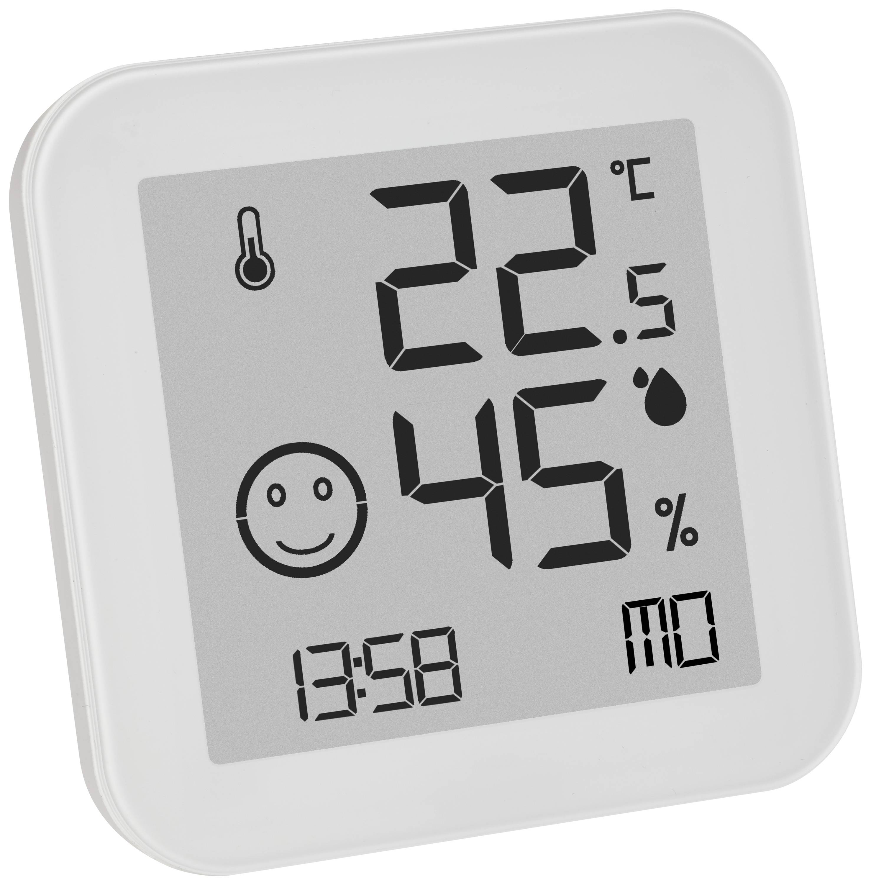 Digitální teploměr a vlhkoměr s displejem. Zobrazuje teplotu: 22,5°C a vlhkost vzduchu: 45%. Čas: 13:58. Symbol smajlíka indikuje komfortní prostředí.