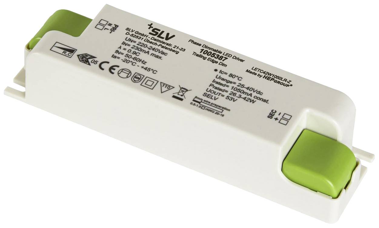 'LED driver od SLV, modelové číslo 1005969. Bílé pouzdro se zelenými konektory. Technické specifikace jsou vytištěny.'