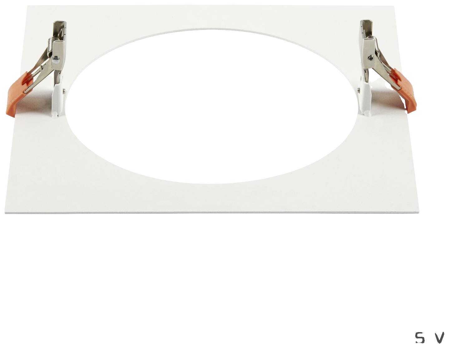 Obdélníkový bílý plech s kruhovým výřezem uprostřed, uchycený dvěma svorkami po stranách.