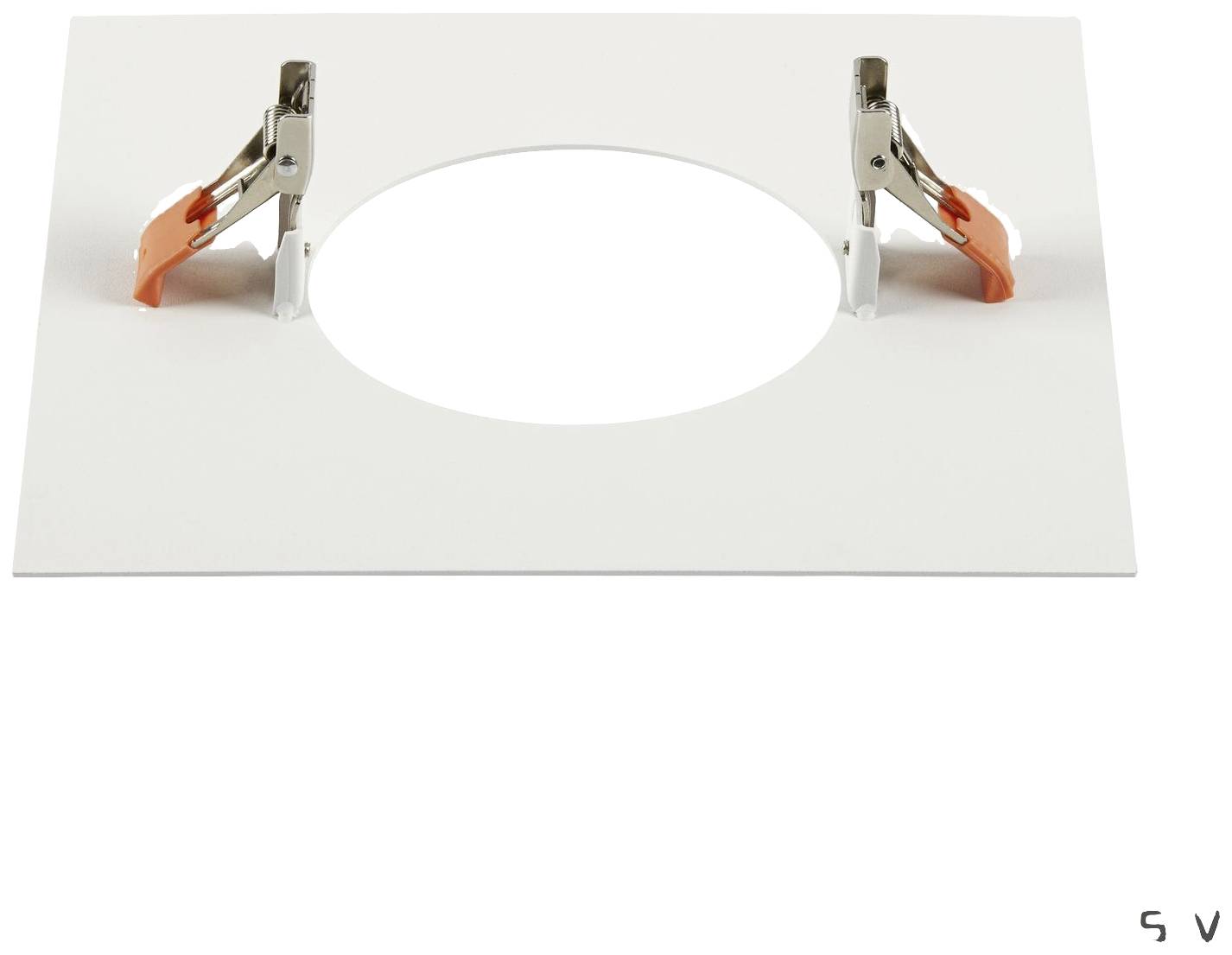 Bílý čtvercový kryt s kulatým výřezem a dvěma sponkami pro upevnění.