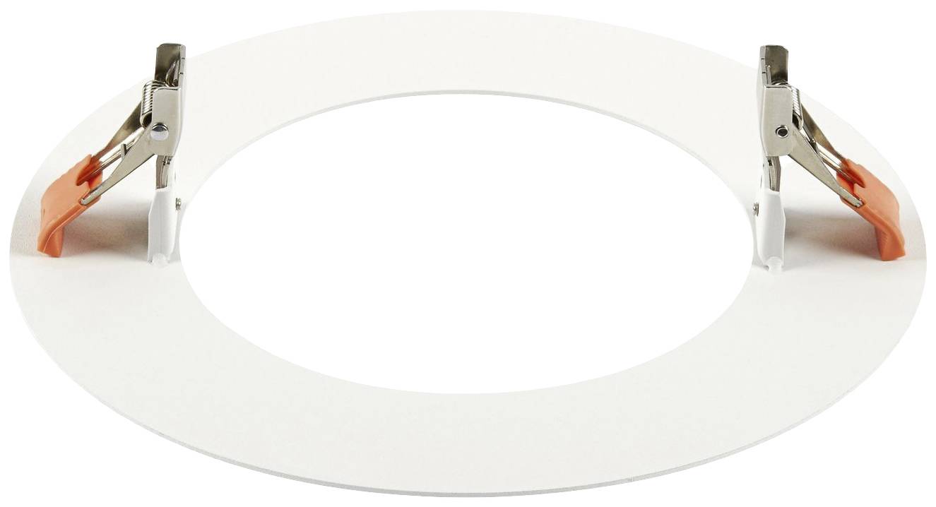 Bílý, kulatý montážní rám se dvěma stříbrnými sponkami a oranžovými úchyty pro instalaci osvětlení do stropu.