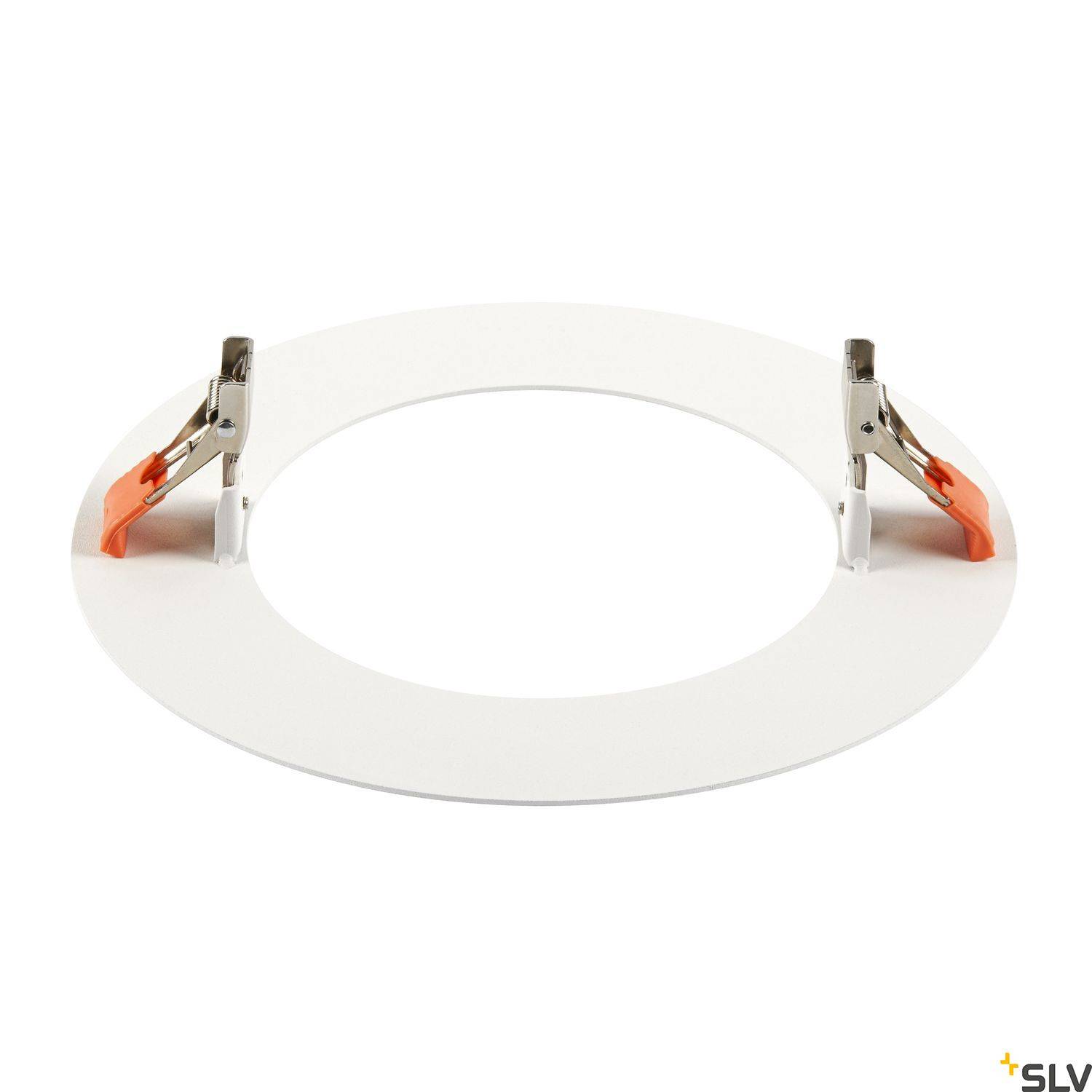 Kulatý bílý rám s dvěma kovovými sponkami, vhodný pro upevnění do zavěšených podhledů pro světelné zdroje nebo reproduktory.