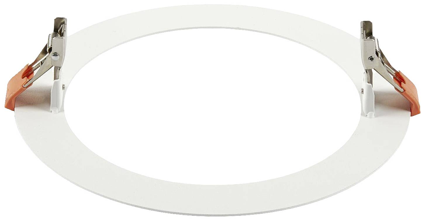 Kulatý bílý kovový kroužek se dvěma červenými sponkami po stranách.