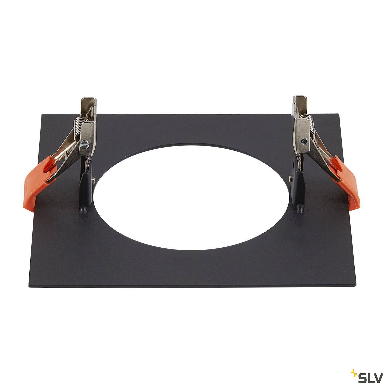 'Instalační konektor s obdélníkovou základnou a kruhovým středem, zajištěný dvěma červenými sponkami.'