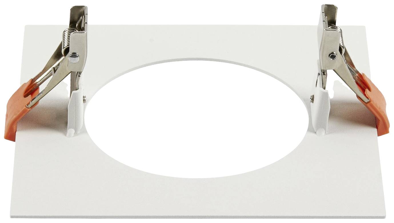 Bílý plastový kroužek se dvěma stříbrnými sponkami, každá s oranžovými rukojeti, připevněnými po stranách.