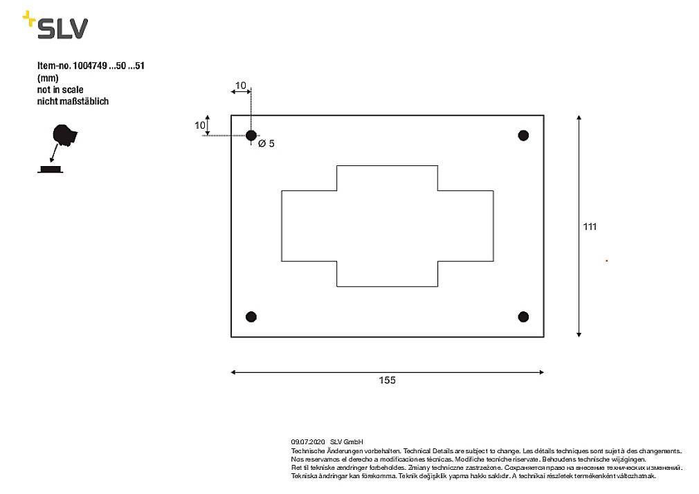 Technický výkres montážního otvoru s rozměry: 111 mm výška, 155 mm šířka. Obsahuje detaily šroubového otvoru a produktové informace.