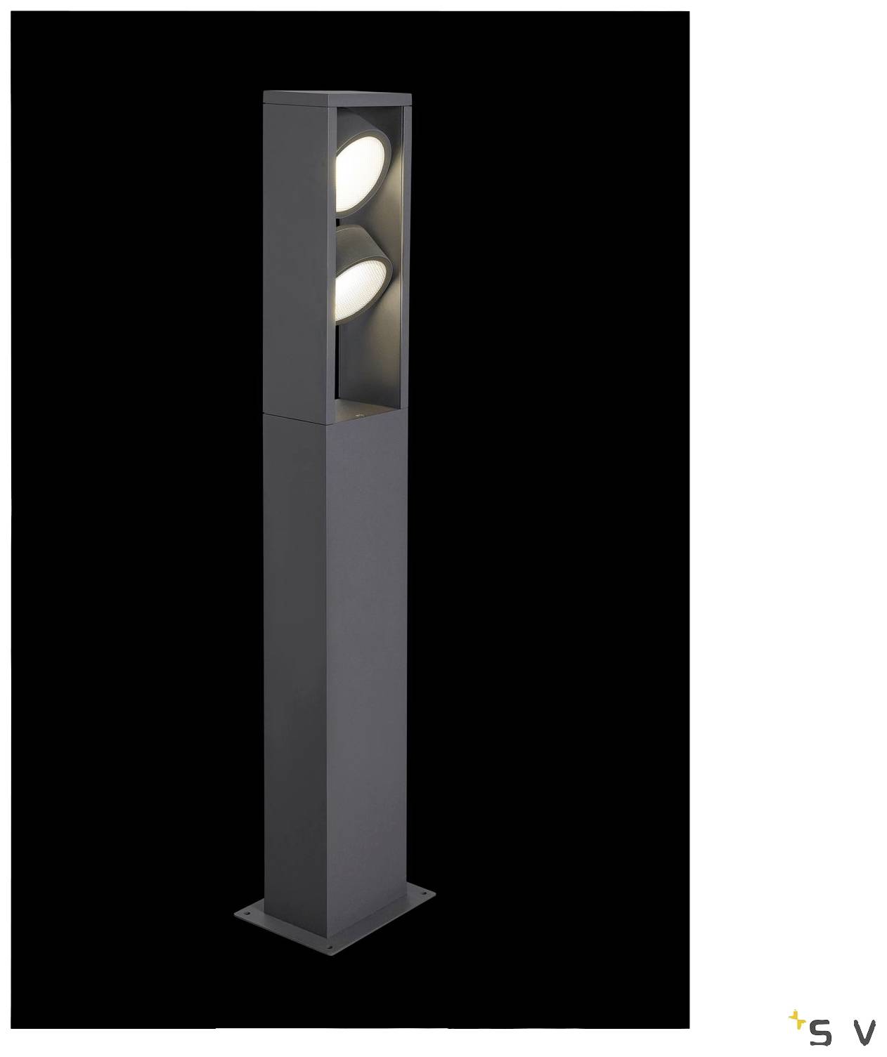 Moderní černá stojací lampa se dvěma oválnými světly, která vyzařují nahoru a dolů, na černém pozadí.