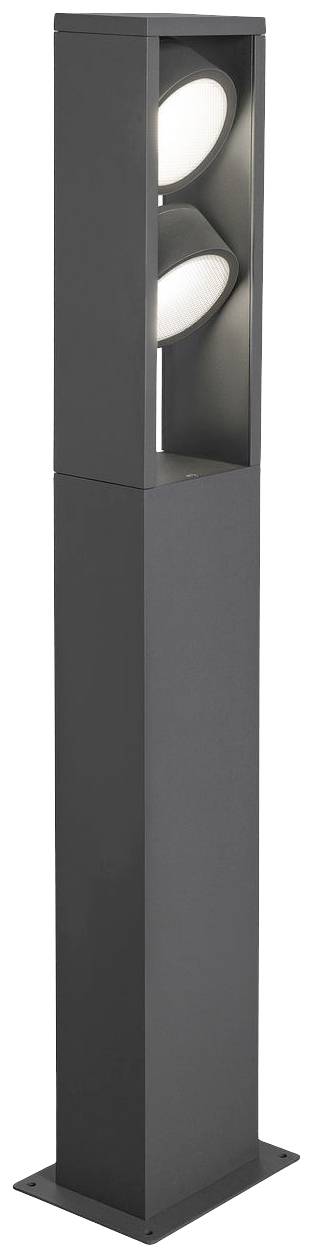 Šedočerné venkovní svítidlo z kovu, obdélníkového tvaru se dvěma oválnými světelnými zdroji směřujícími dopředu.