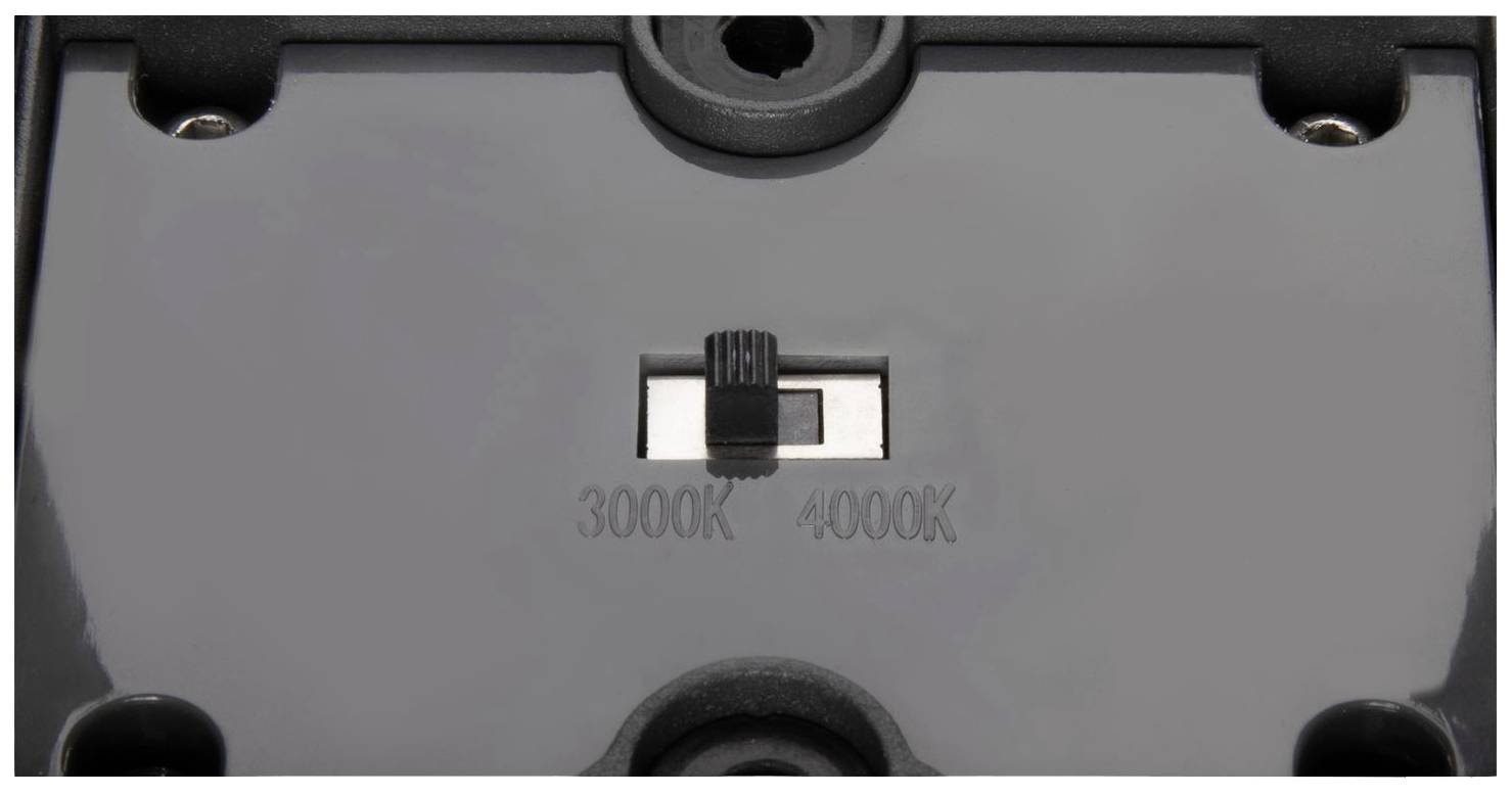 Vypínač se dvěma nastaveními barevné teploty: '3000K' a '4000K', černý posuvný přepínač je nastaven na '3000K'.