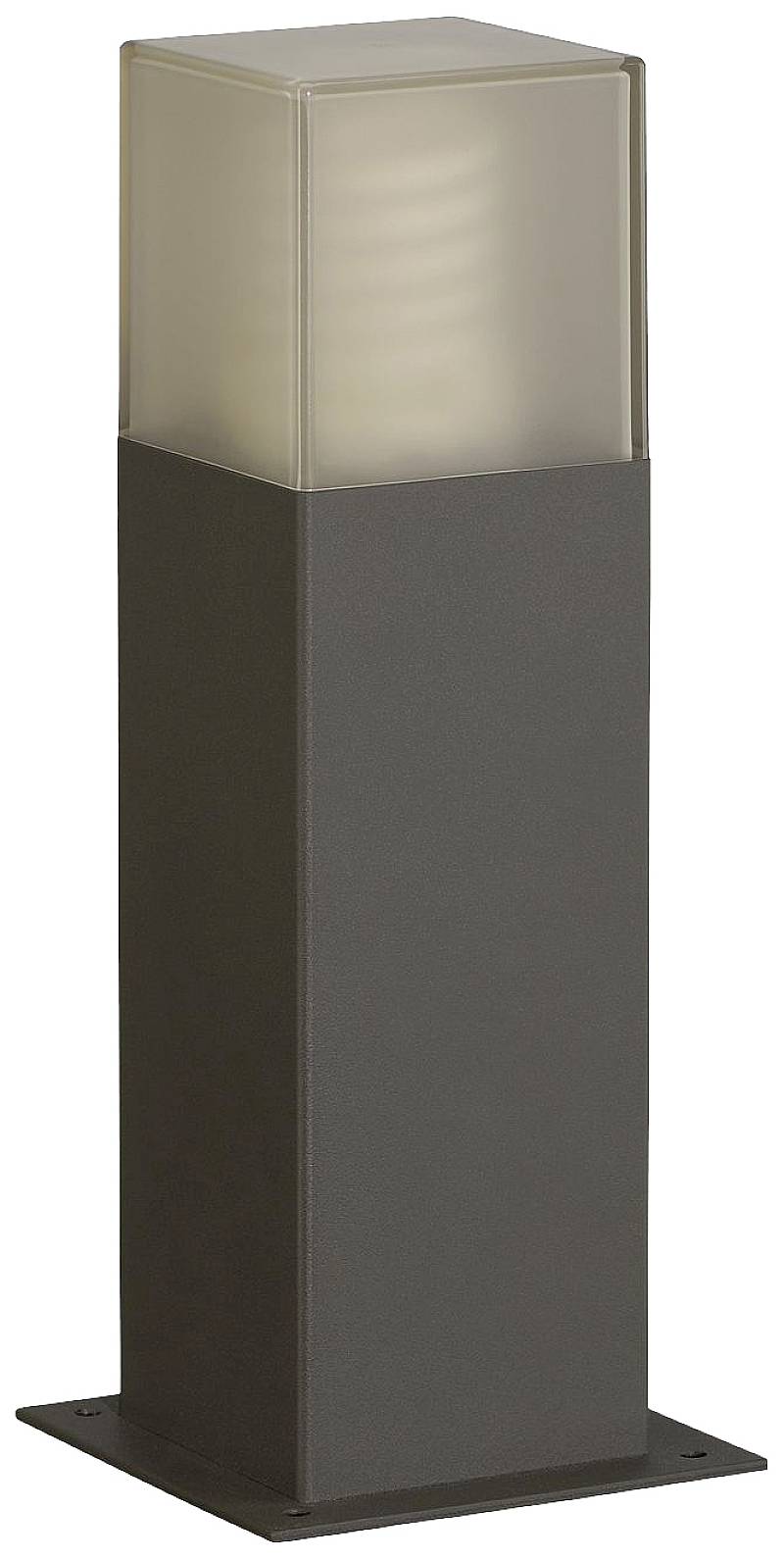 Moderní venkovní svítidlo čtvercového tvaru s matným, tmavě šedým podstavcem a poloprůsvitným, světlým stínidlem nahoře.