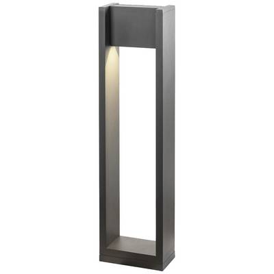Jednoduchá, moderní stojací lampa z černého kovu s obdélníkovým rámem a integrovaným světlem na horním okraji.