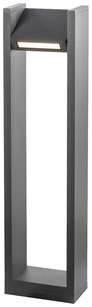 Černé venkovní osvětlení obdélníkového tvaru se světlem směřujícím dolů, speciálně navržené pro použití v zahradách a příjezdových cestách.