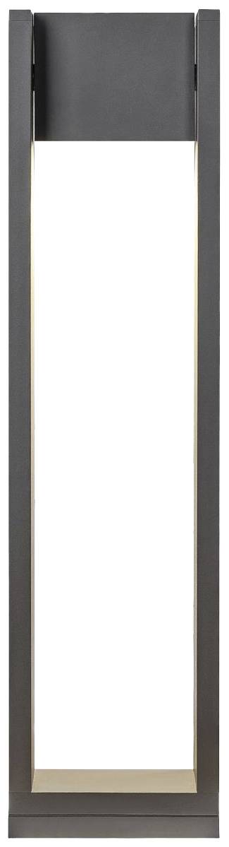 Moderní stojací lampa obdélníkového tvaru z tmavého kovu s otevřenými stranami.