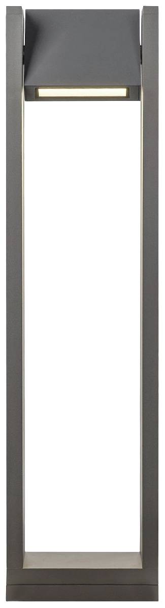 Obdélníkové venkovní svítidlo s moderním, minimalistickým designem v tmavém kovovém odstínu, vhodné pro osvětlení zahrady nebo cesty.