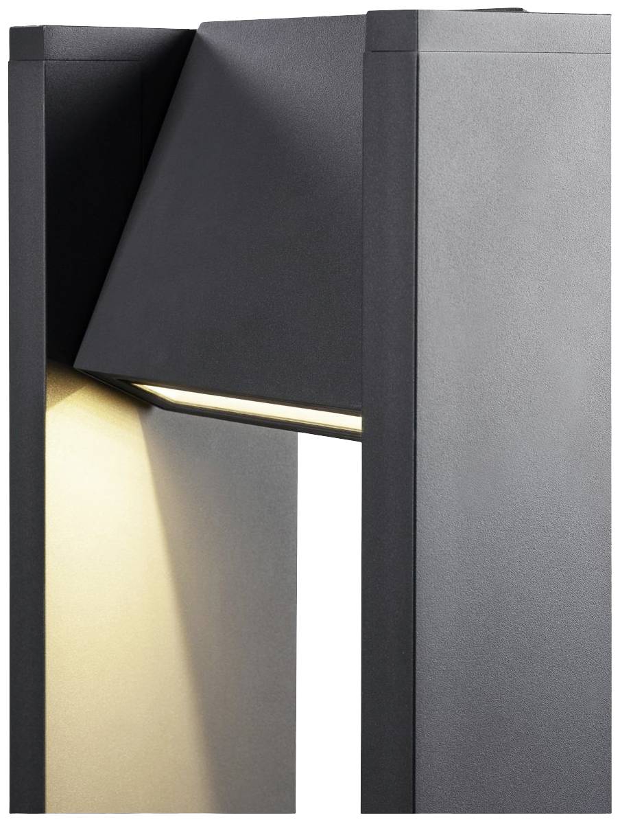 Moderní venkovní svítidlo z tmavě šedého kovu, obdélníkový design, vyzařující tlumené světlo směrem dolů, vhodné pro současnou architekturu.