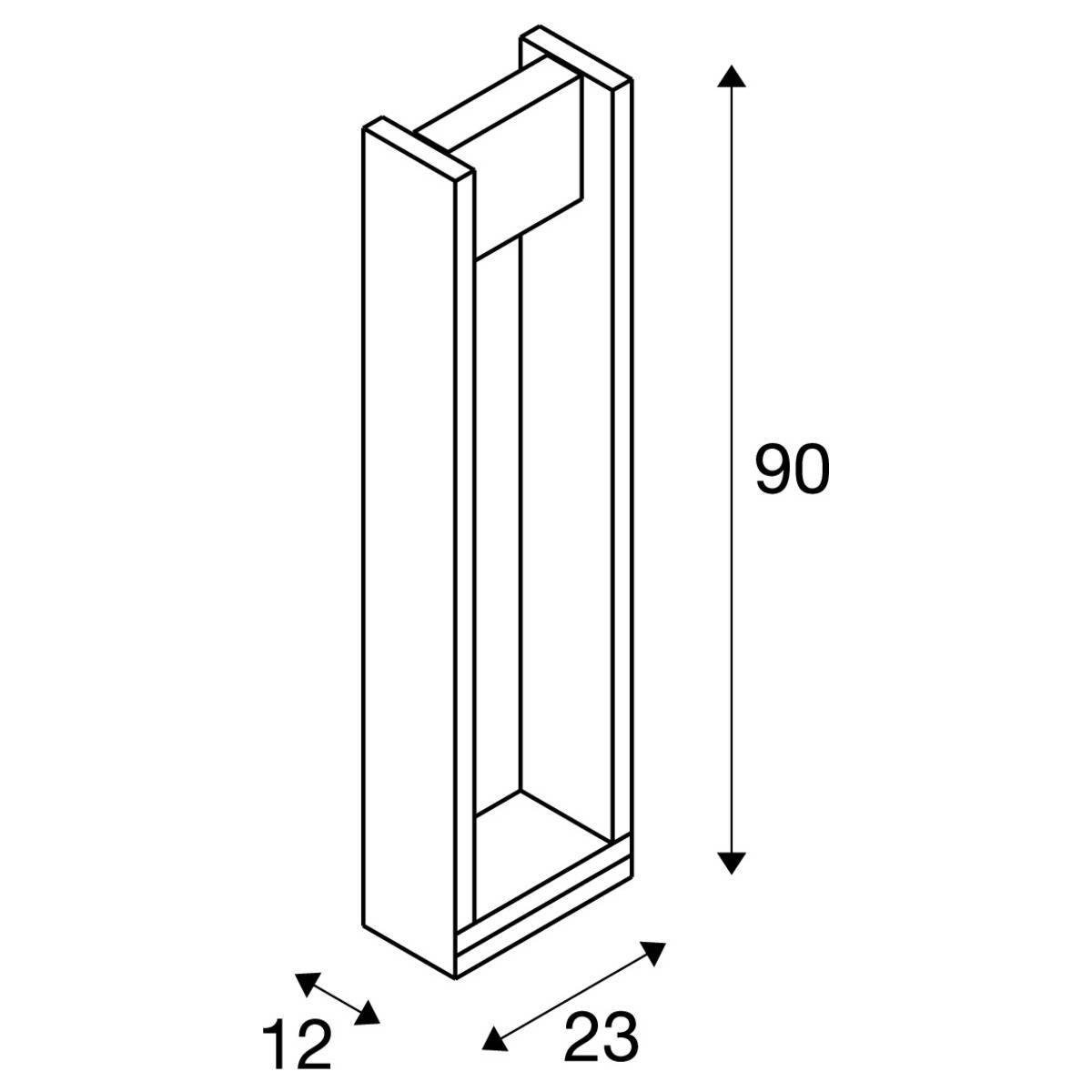 Technický výkres obdélníkového potrubí s rozměry: výška 90, šířka 23, hloubka 12. Šipky ukazují směry výšky, šířky a hloubky.