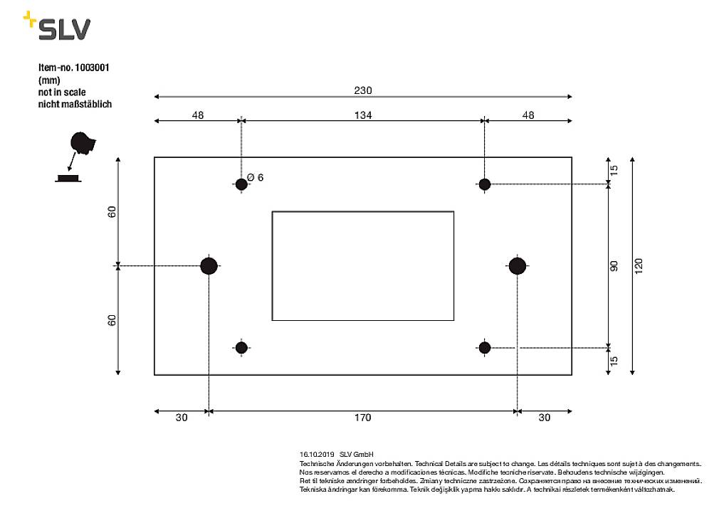 Technický výkres obdélníkové desky s otvory, rozměry v milimetrech. Poznámka: 'není v měřítku'.
