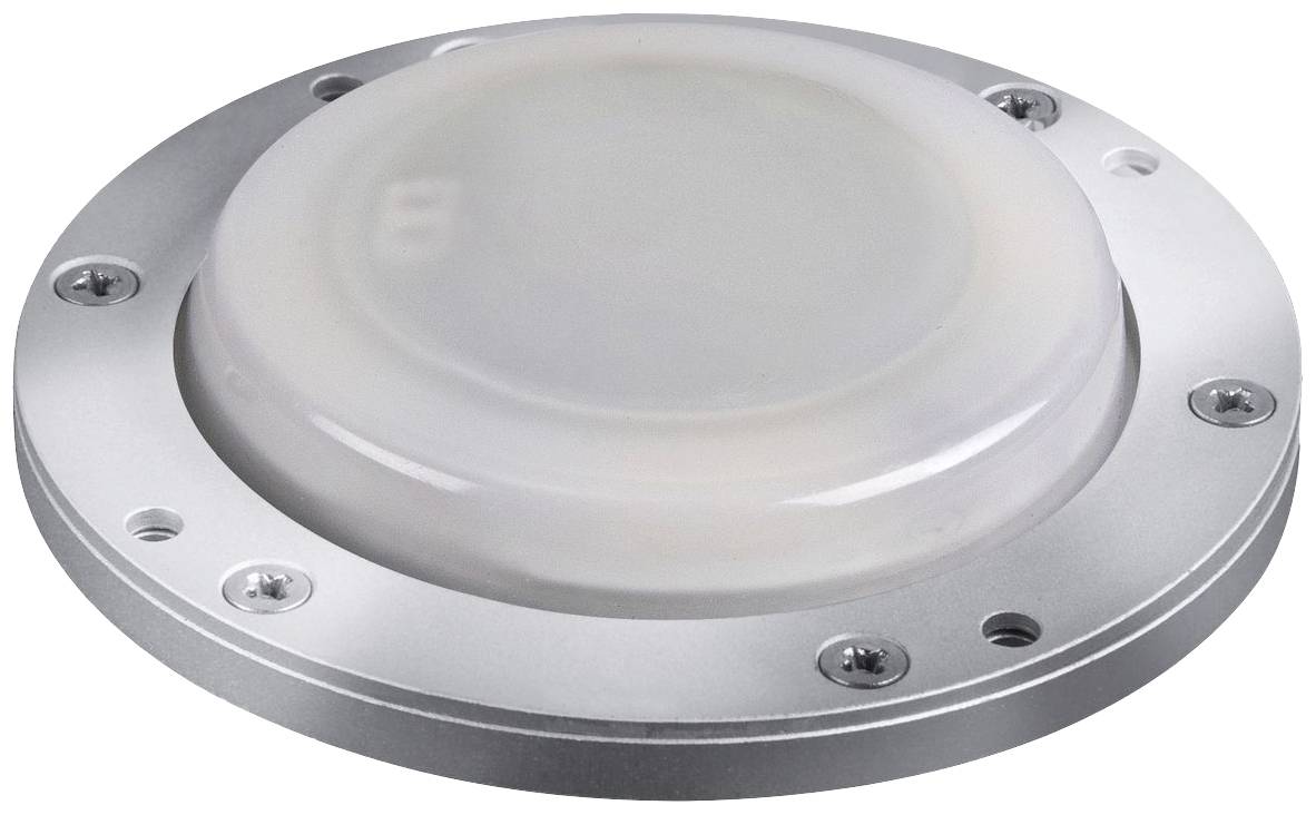 Kulaté stropní LED vestavné svítidlo stříbrné barvy s plochým, matným plastovým krytem, na okraji s viditelným sedmi šrouby.