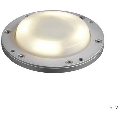 Kulatá plochá LED svítidla v stříbrném pouzdře. Je zapnuté a svítí teplým bílým světlem.