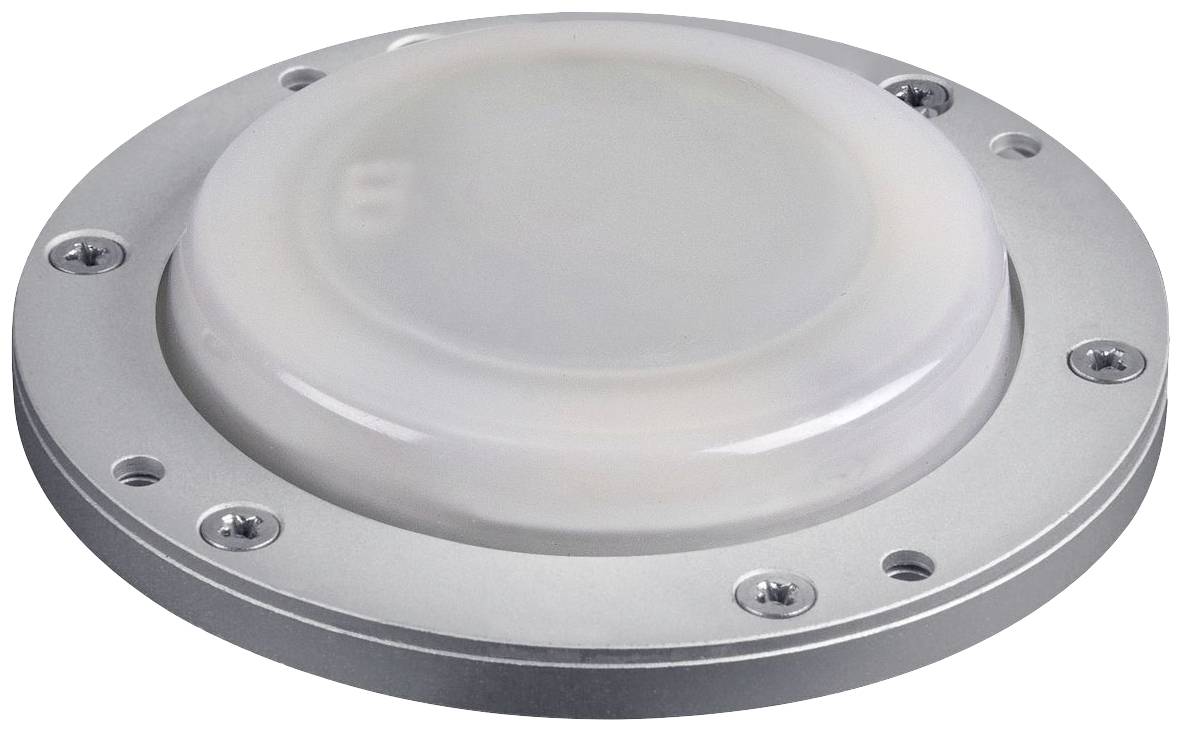 Kulaté LED svítidlo stříbrné barvy s bílým krytem, nasazené na kovovém podstavci, vhodné pro montáž na strop nebo stěnu.