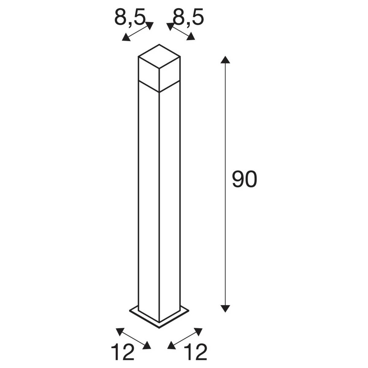 Trojrozměrný technický nákres sloupku: čtvercový průřez 8,5x8,5 cm, výška 90 cm, rozměry soklu 12x12 cm.