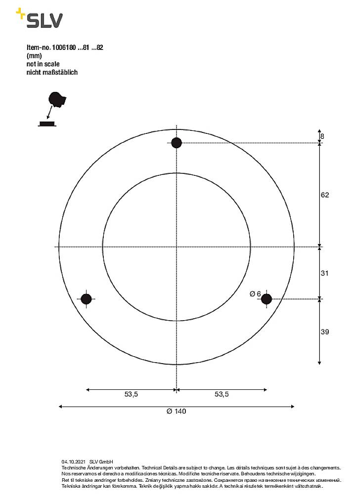 Technický výkres stropního svítidla s rozměry: průměr 140 mm, čtyři montážní otvory. Není v měřítku.