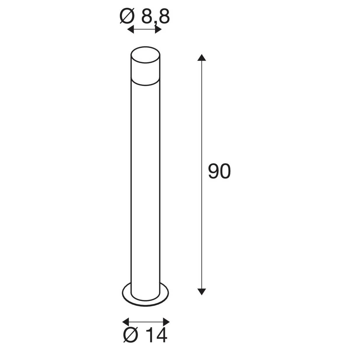 Vzpěra o průměru 8,8 cm nahoře, 14 cm dole a výšce 90 cm, zobrazená v technickém výkresu.
