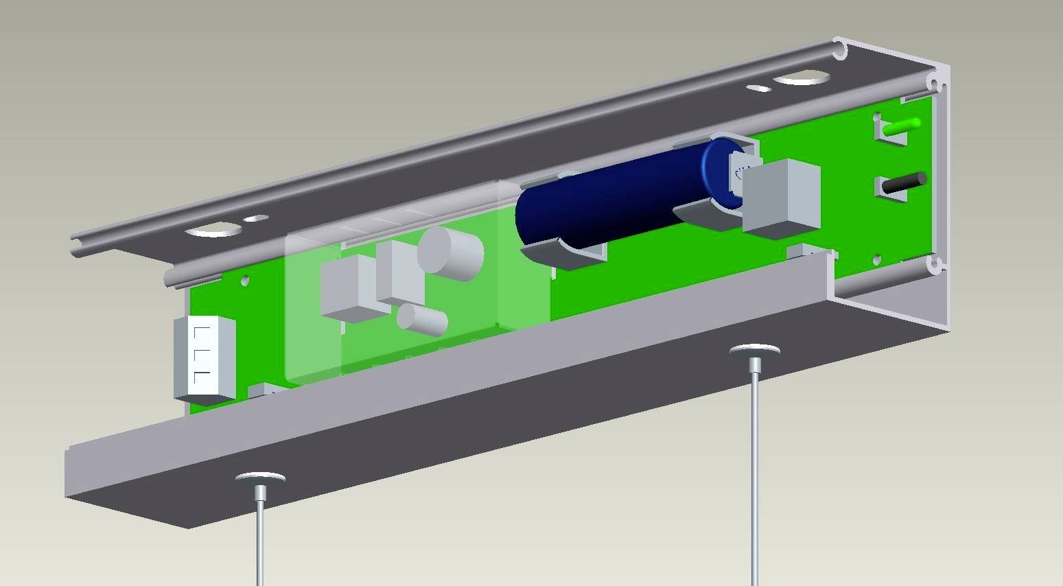 Elektrický mechanismus posuvných dveří v řezu. Zobrazuje motor, ozubená kola a držáky uvnitř kovového rámu pro ovládání dveří.