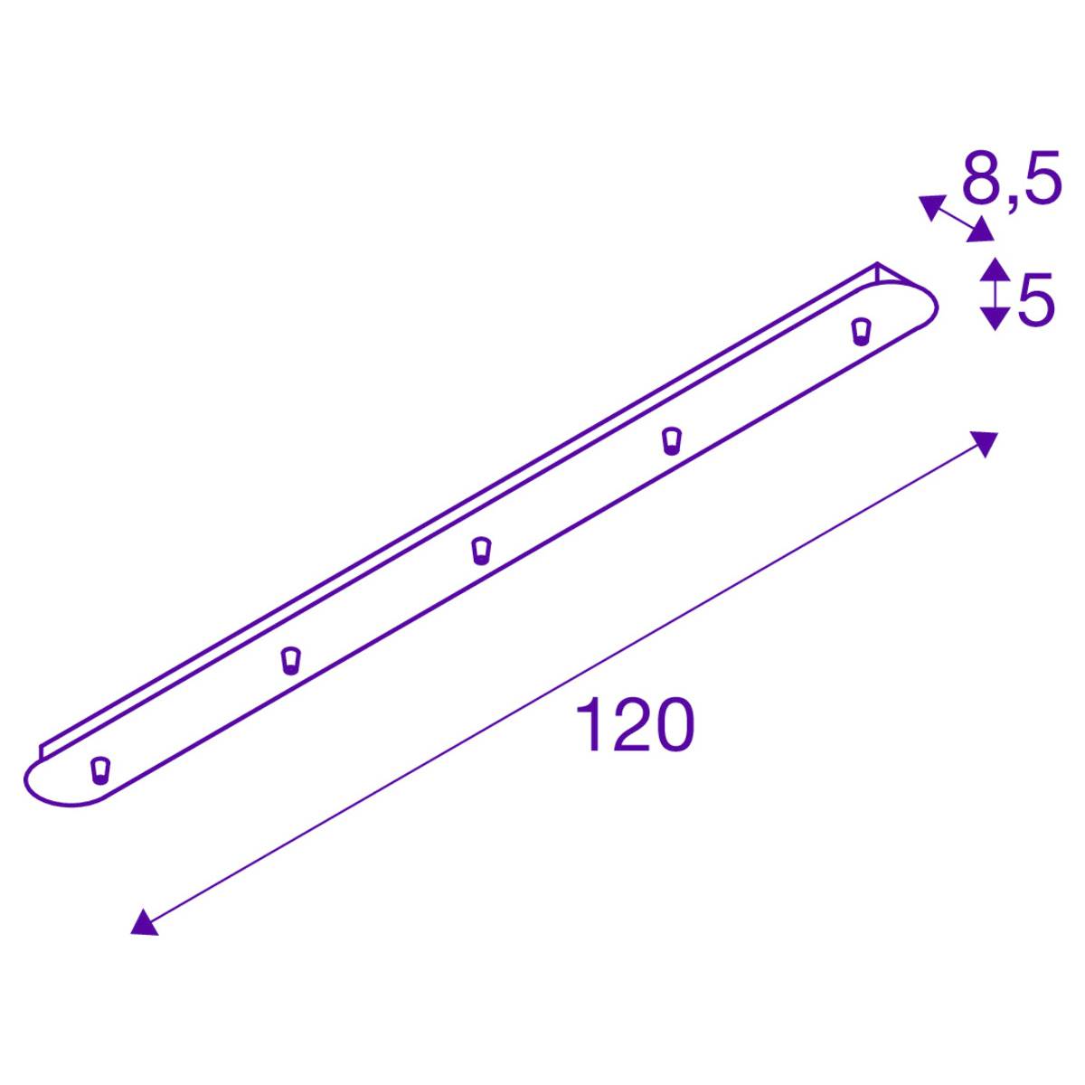 Liniový diagram znázorňuje obdélníkový díl s rozměry: délka 120, výška 8,5, šířka 5. Šest upevňovacích otvorů je viditelných.