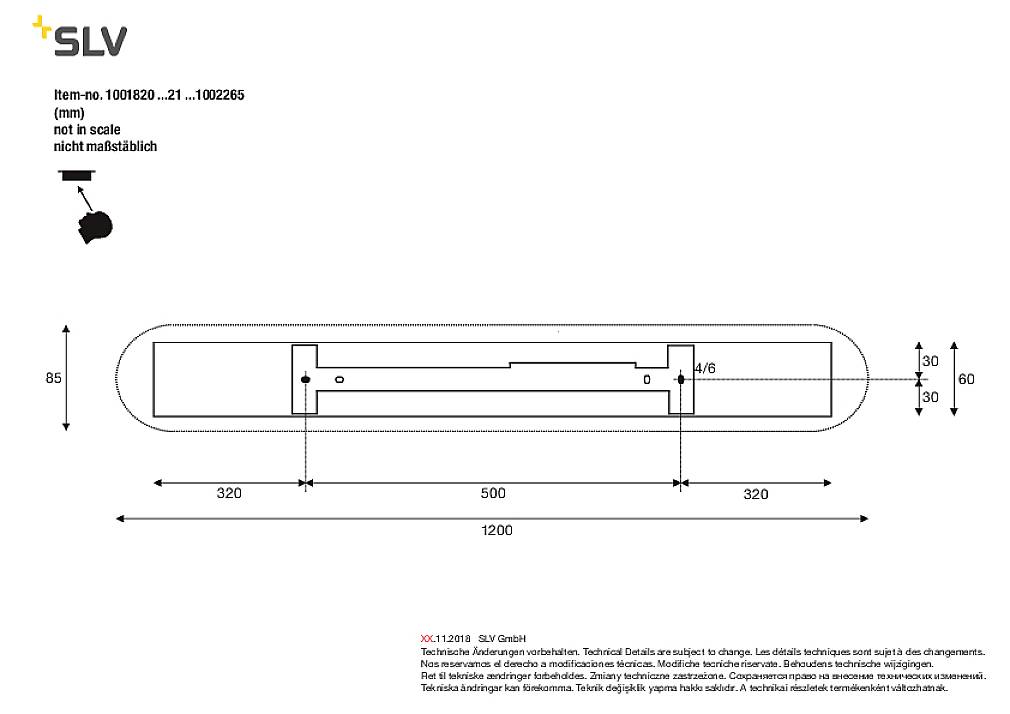 Technický výkres svítidla s rozměry: celková délka 1000 mm, šířka 60 mm, výška 30 mm. Výrobce: SLV.