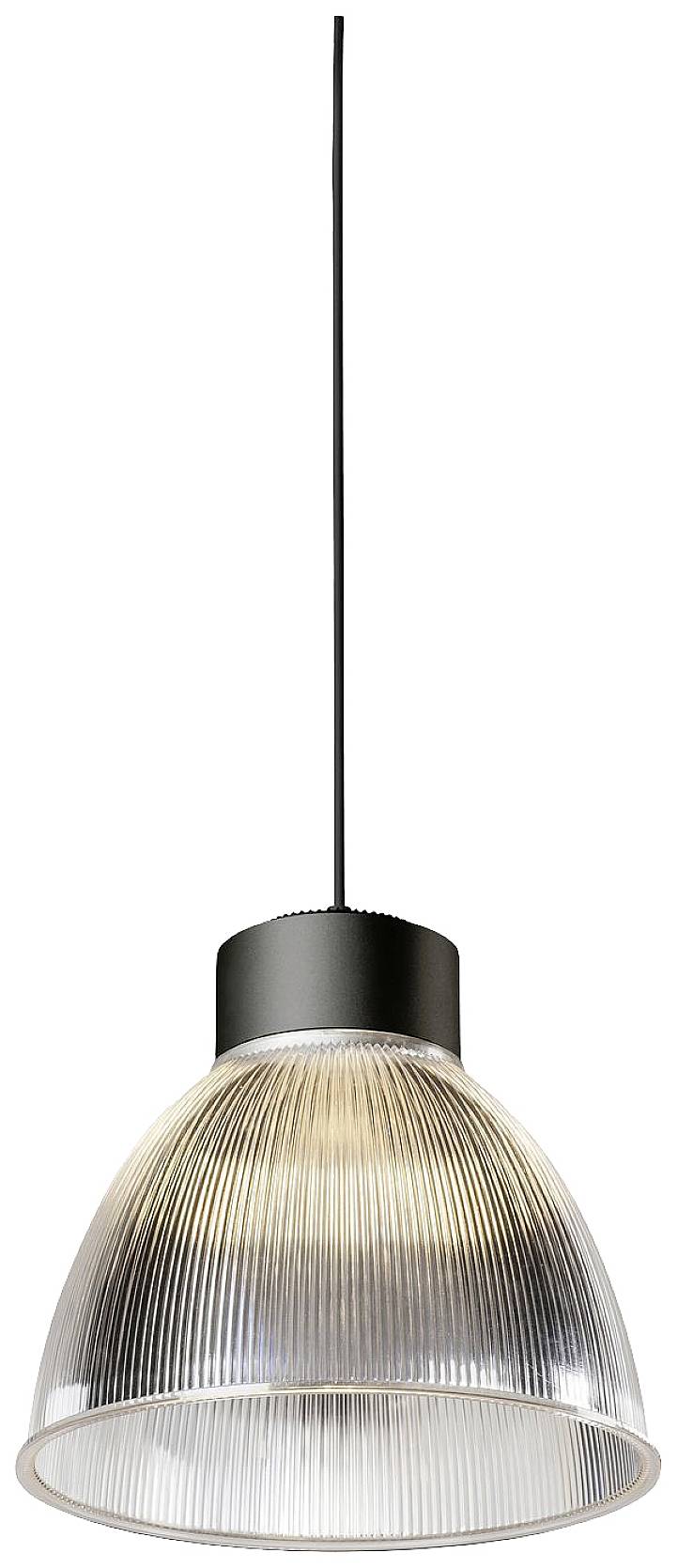 Moderní závěsná lampa s průhledným, vroubkovaným skleněným stínidlem a černým kabelem. Ideální pro současné interiéry.