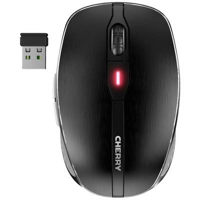 Černá bezdrátová počítačová myš pohledem shora. Vedle myši leží USB dongle.