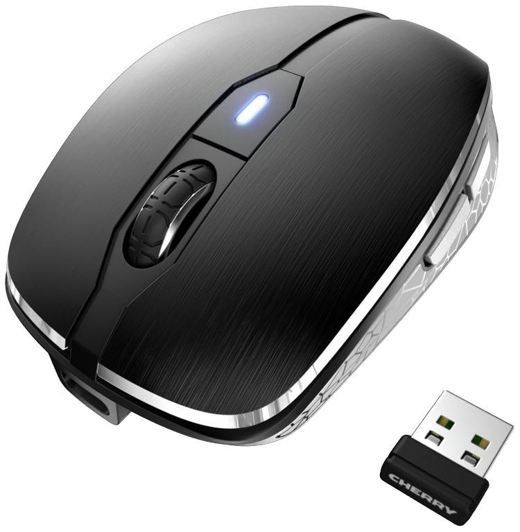 Bezdrátová černá počítačová myš s USB přijímačem. Ergonomický design s reliéfním kolečkem a podsvíceným tlačítkem.