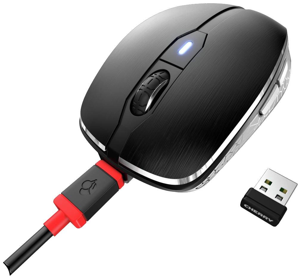 Počítačová myš s kabelem a USB připojením, černý design, modře podsvícený indikátor.