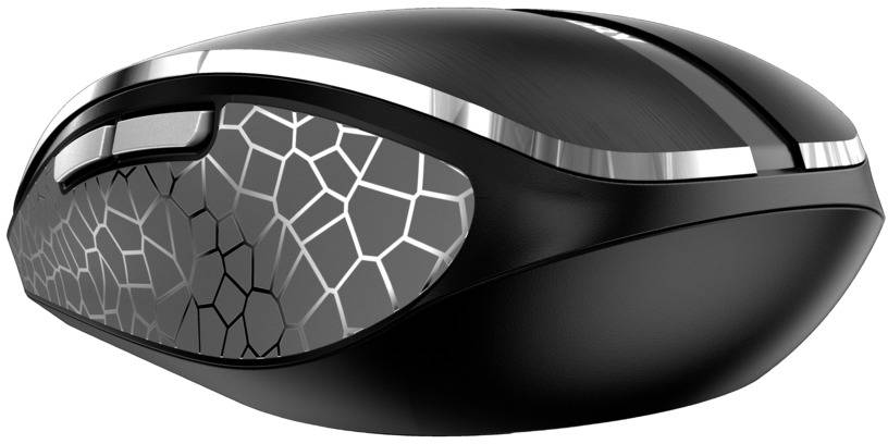 Černá bezdrátová počítačová myš se stříbrnými prvky a moderním geometrickým vzorem na bocích.