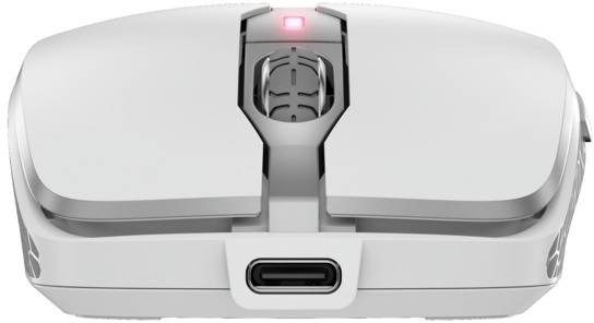 Bílá bezdrátová herní myš s červeným LED indikátorem nahoře a USB-C portem vpředu.