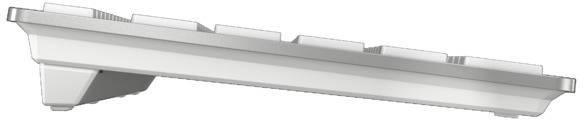Moderní počítačová klávesnice nakloněná do strany. Má zvýšené klávesy a minimalistický design v bílé a stříbrné barvě.