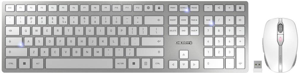 Bezdrátová stříbrná klávesnice s numerickým blokem a myší, vhodná pro počítačová pracoviště. USB přijímač vedle myši.